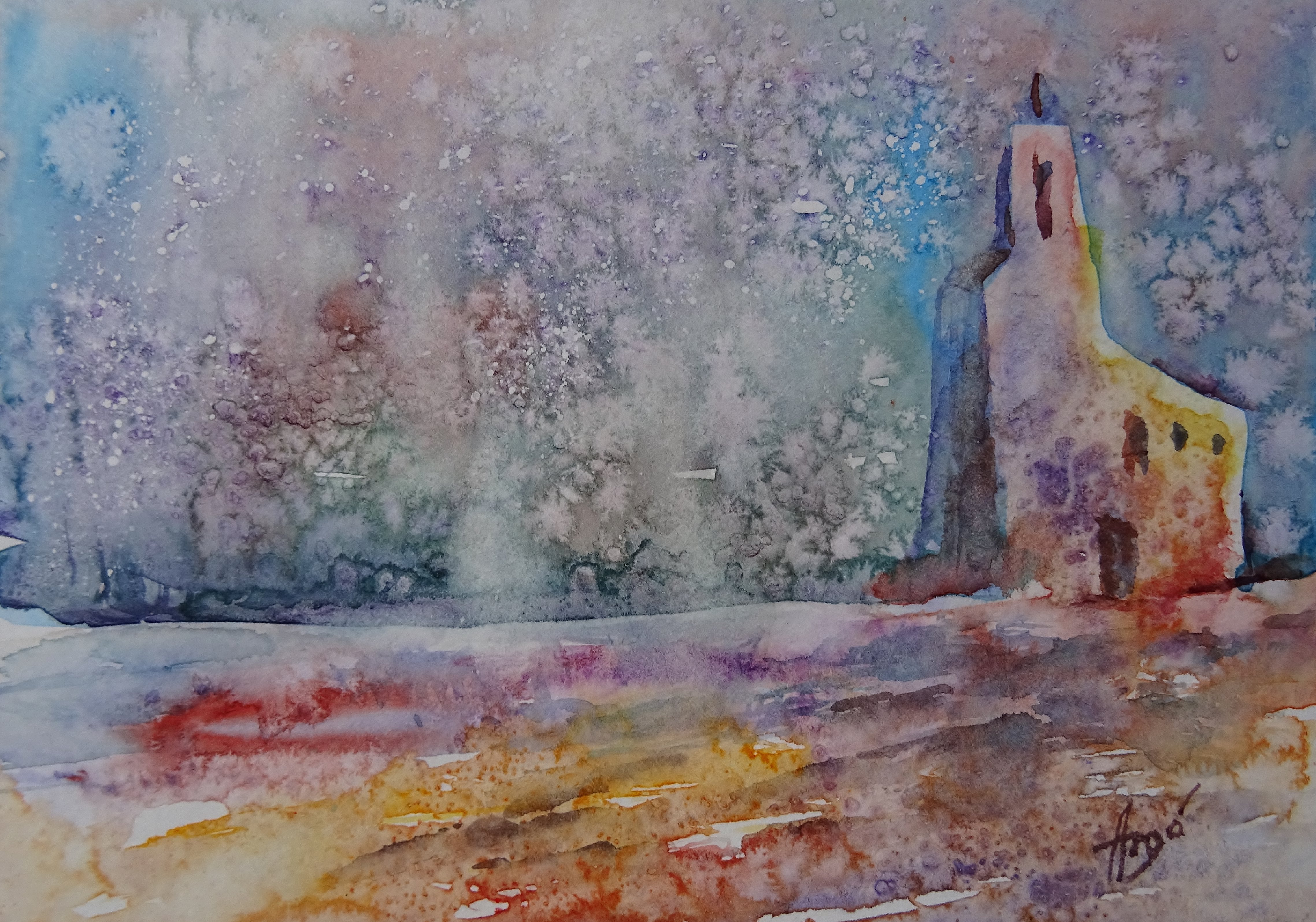 Sonnenaufgang im Winter / Aquarell / 17 x 12