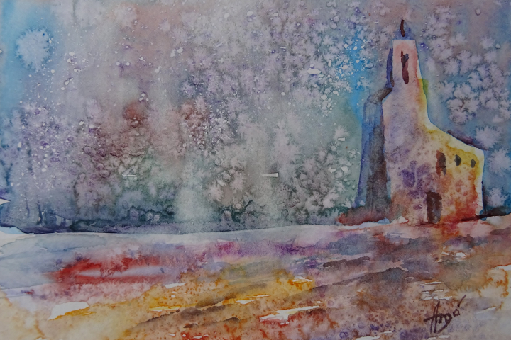 Sonnenaufgang im Winter / Aquarell / 17 x 12