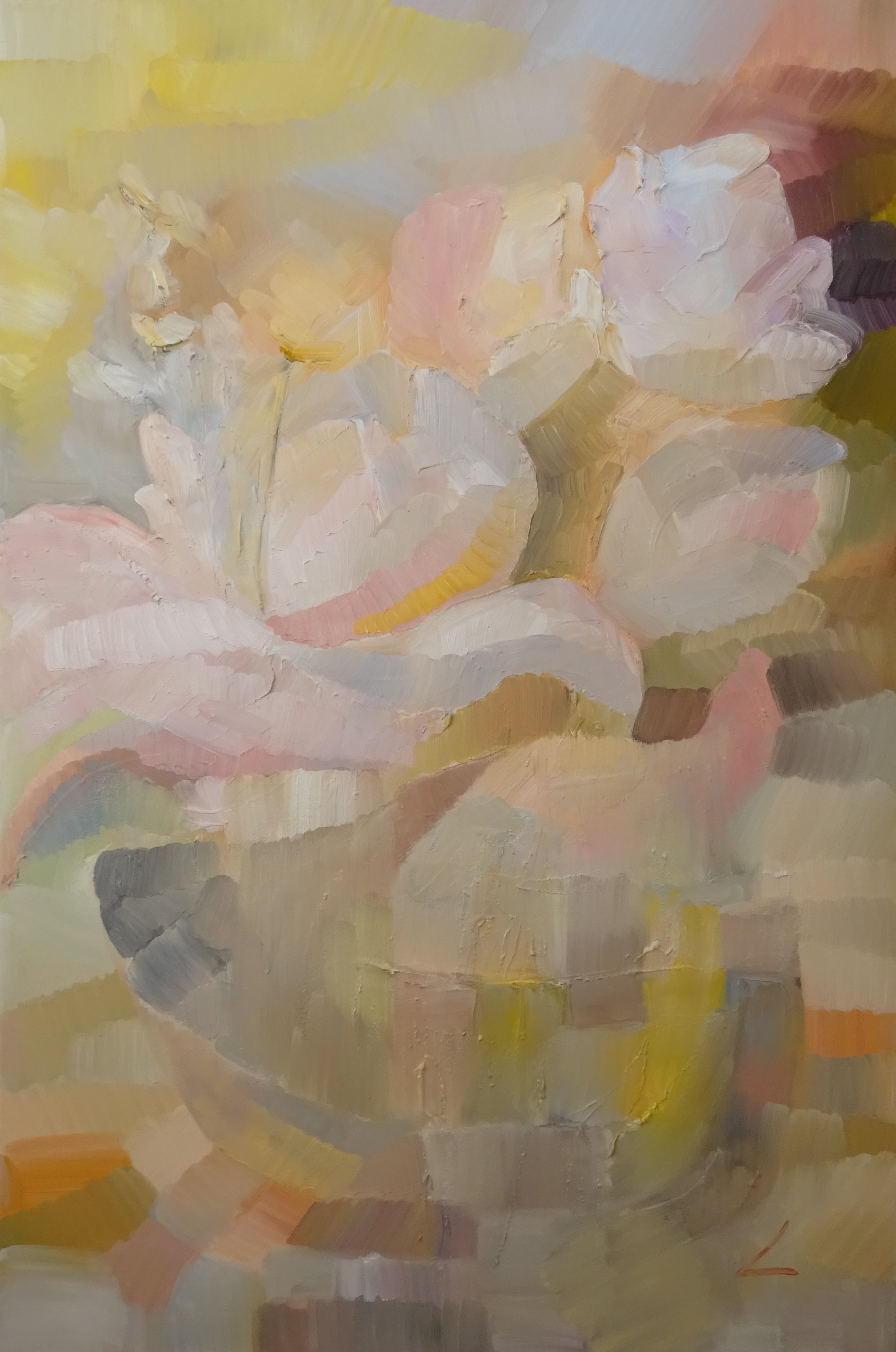 Blumen in geflochtener Vase / Öl/Leinwand / 60x90