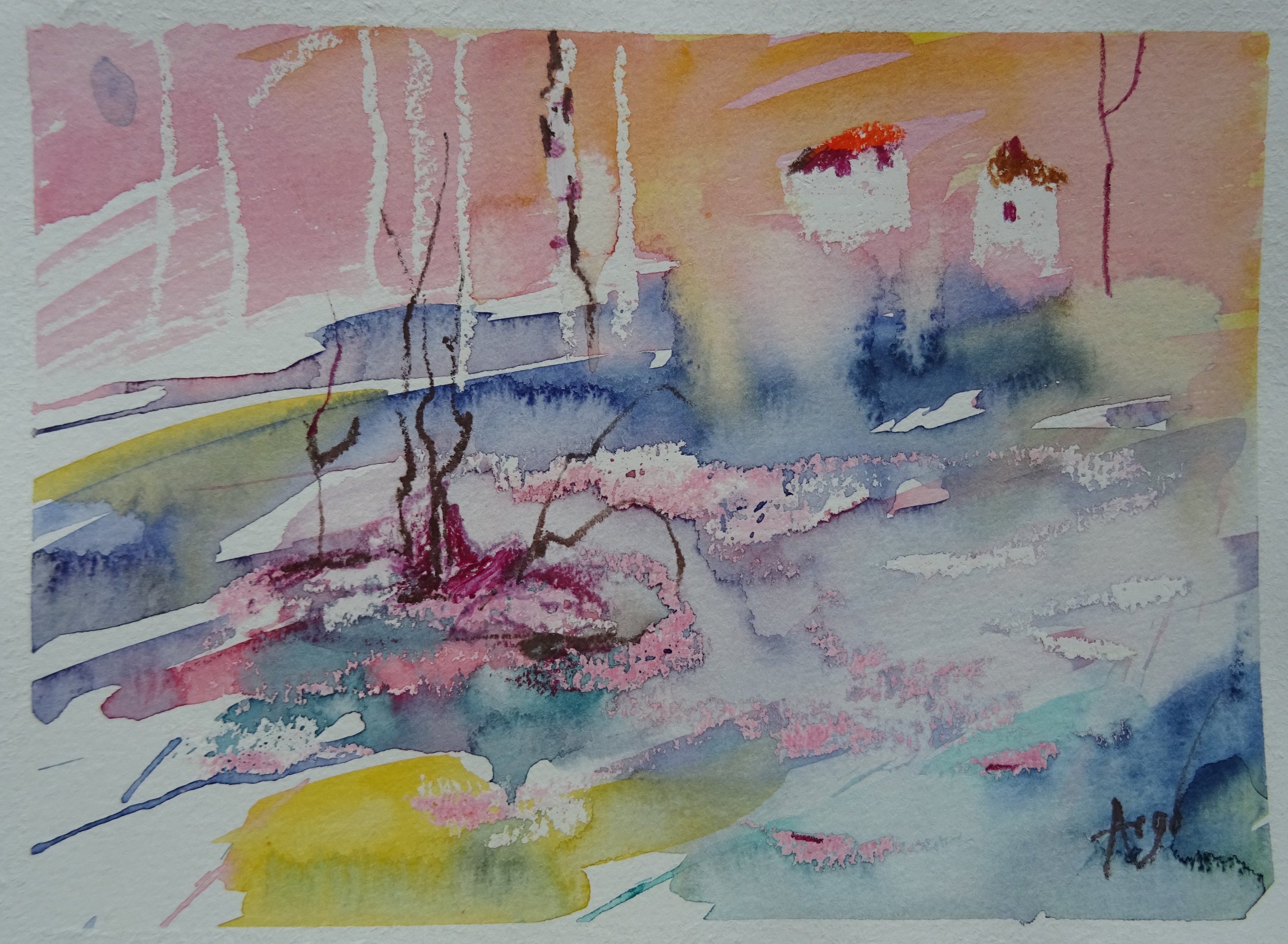 Landschaftsskizze / Aquarell/Ölpastellkreide / 18 x 14