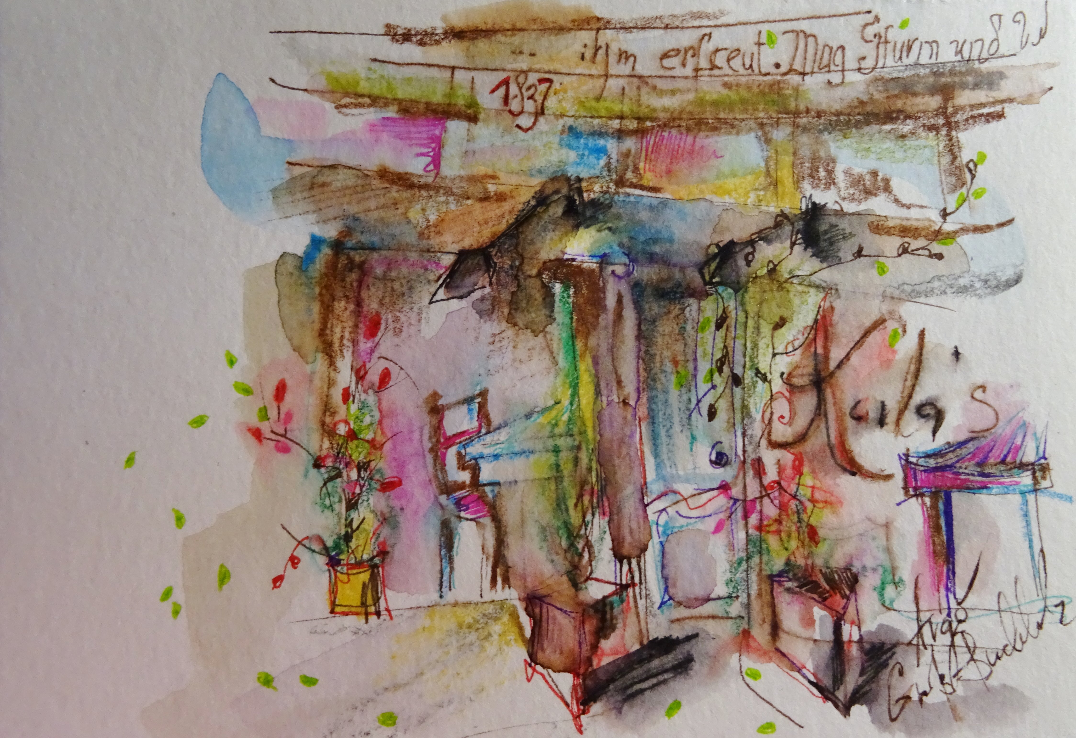 Groß-Buchholz. Bei "Karla's" / Aquarell/Mischtechnik / 14,8 x 10,6 / - nicht zu erwerben -