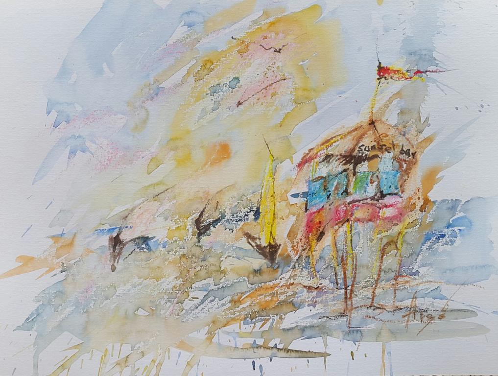 Sunset freedom bar / Aquarell/Ölpastellkreide / 30 x 40