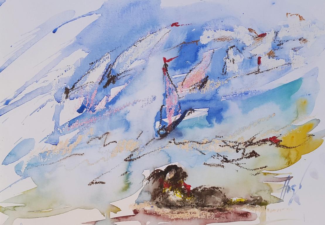 Hund am Strand / Aquarell/Ölpastellkreide / 24 x 17