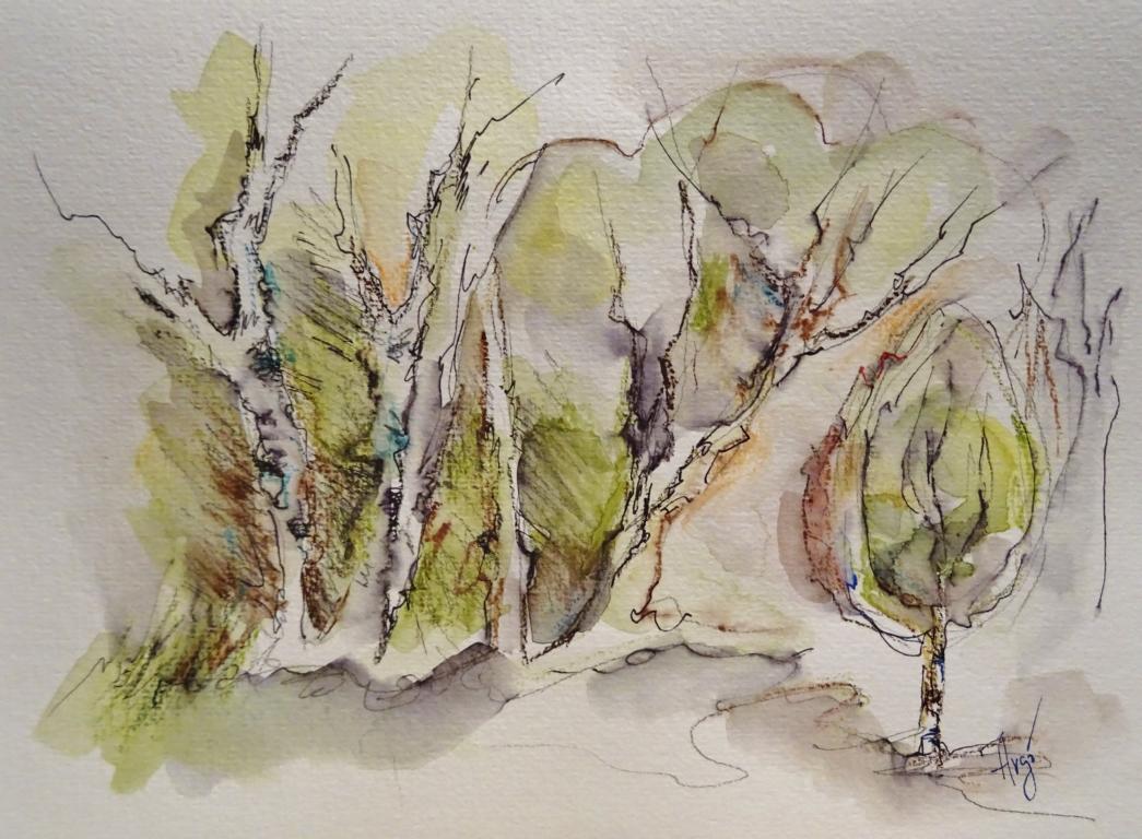 Im Birkenwald / Aquarell/Mischtechnik / 24 x 17