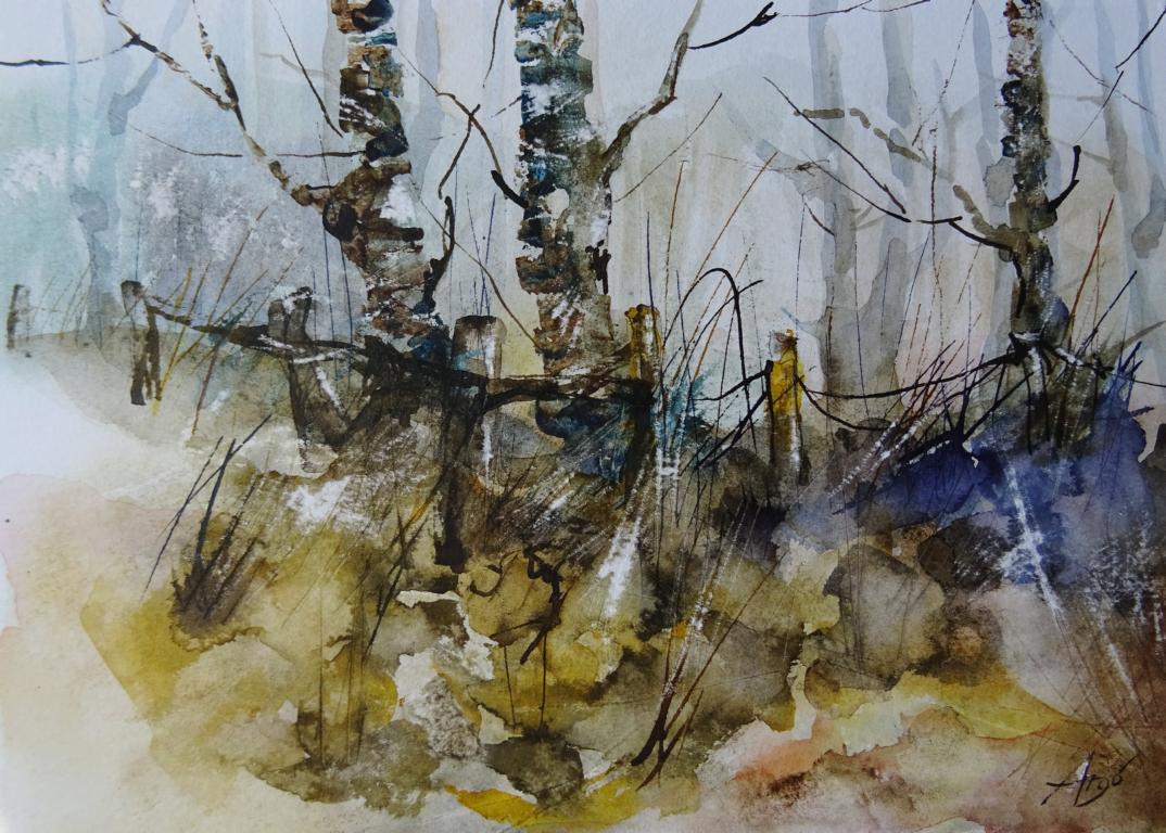 Birken mit Zaun / Aquarell/Mischtechnik / 24 x 17