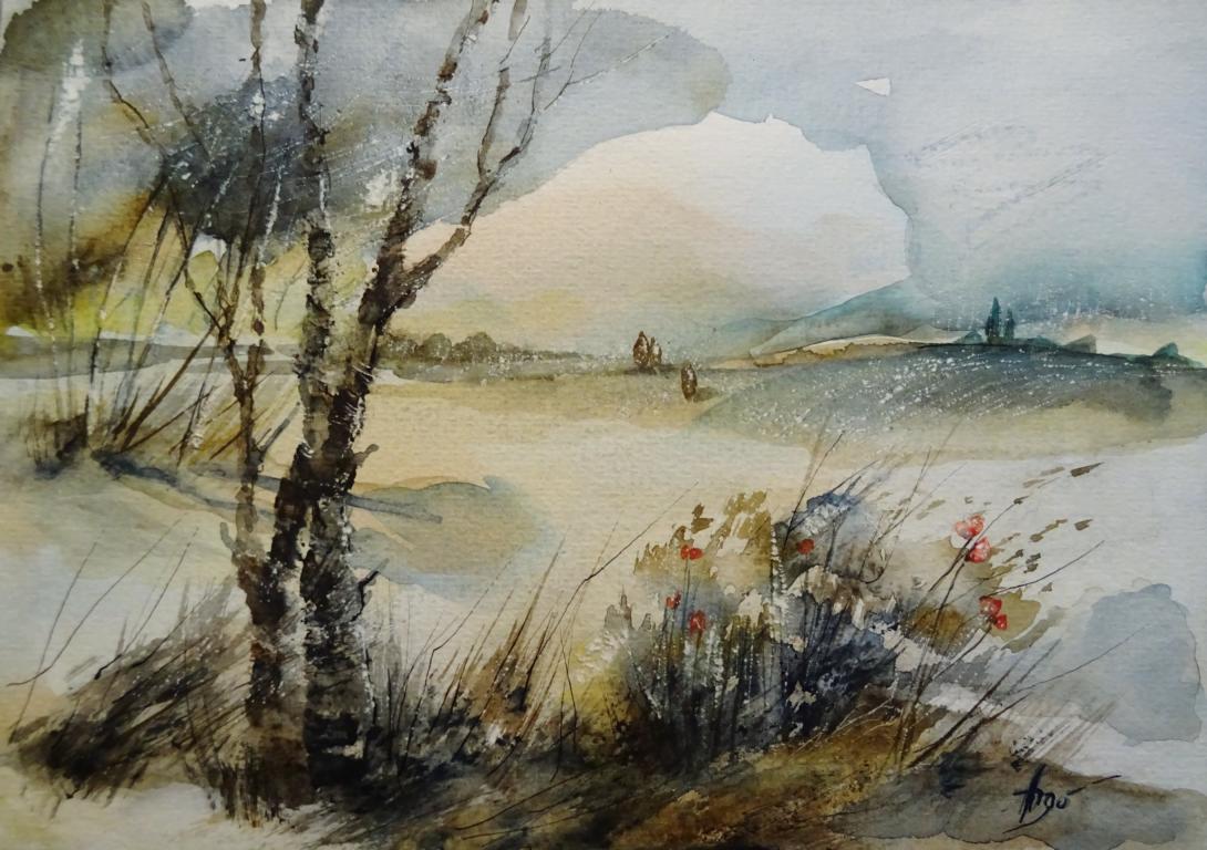 Landschaft mit Mohnblumen / Aquarell/Mischtechnik / 24 x 17