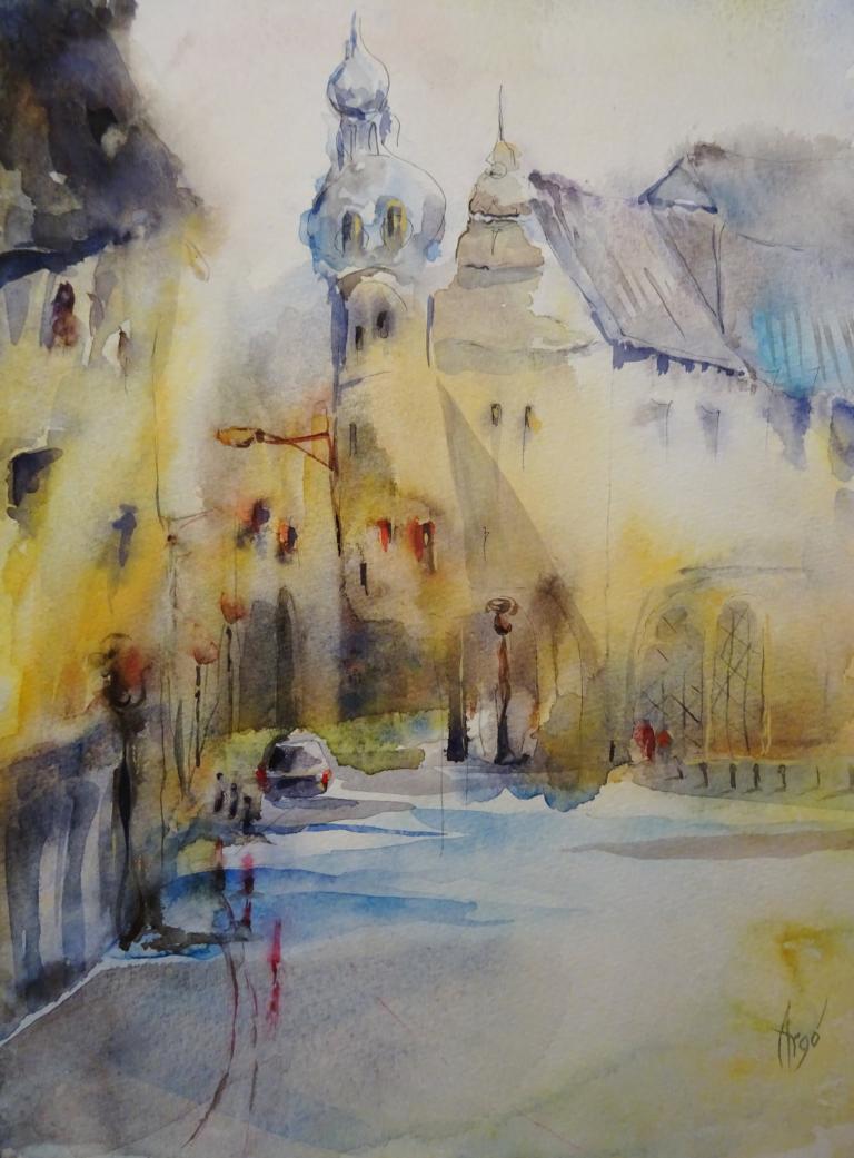 Stadt in Gelb / Aquarell/Mischtechnik / 24 x 32