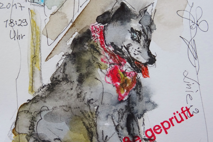 Großer Hund in der Bahn / Aquarell/Mischtechnik / 14 x 10