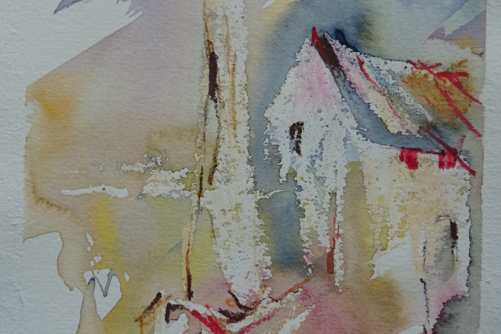 Haus mit Boot / Aquarell/Ölpastellkreide / 14 x 18