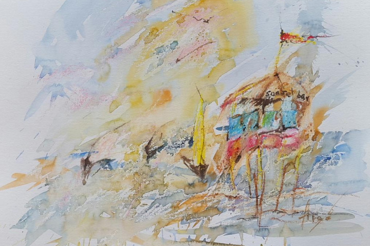 Sunset freedom bar / Aquarell/Ölpastellkreide / 30 x 40