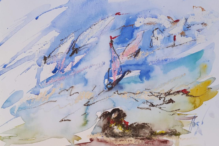 Hund am Strand / Aquarell/Ölpastellkreide / 24 x 17