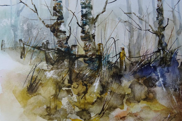 Birken mit Zaun / Aquarell/Mischtechnik / 24 x 17